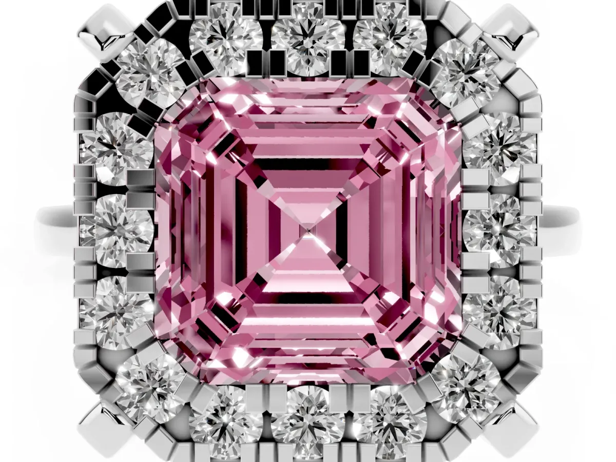 Fancy Pink Asscher Cut Diamond Cluster Halo Solitaire with Four-Prong Setting Platinum