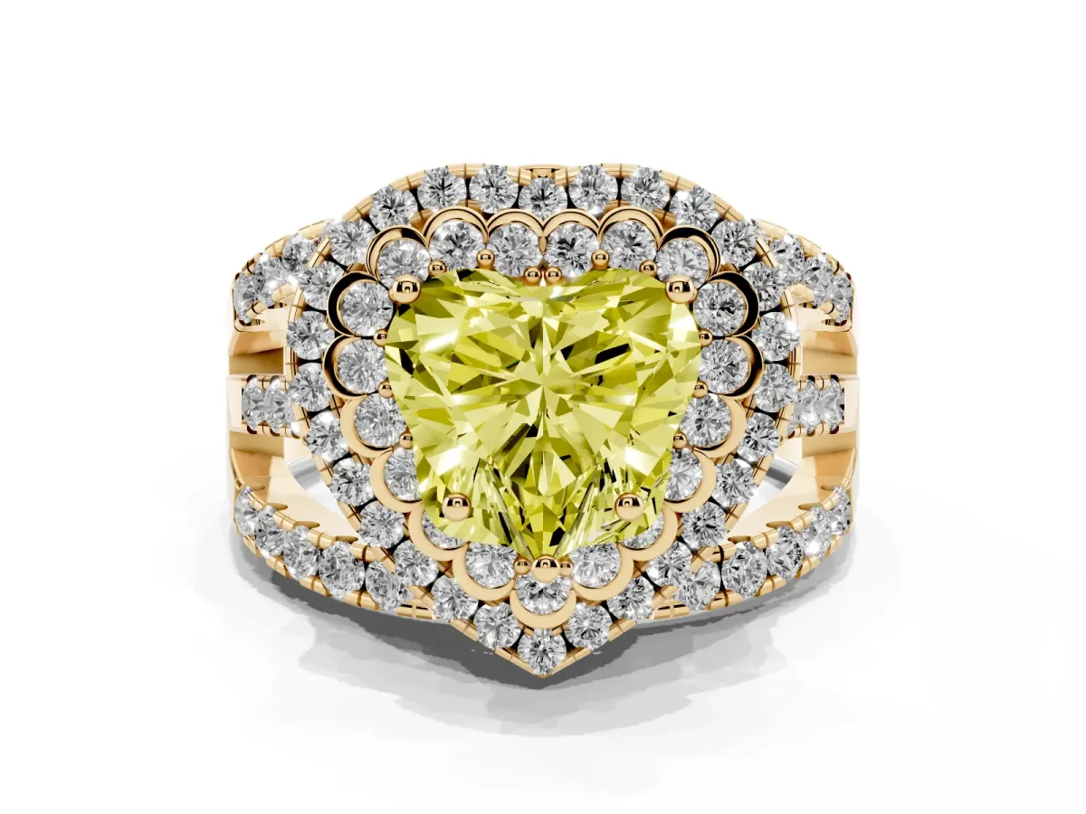 Fancy Yellow Heart Cut Diamond Double Halo Ring with Round Pavé Split Shank and Prong Setting Yellow gold