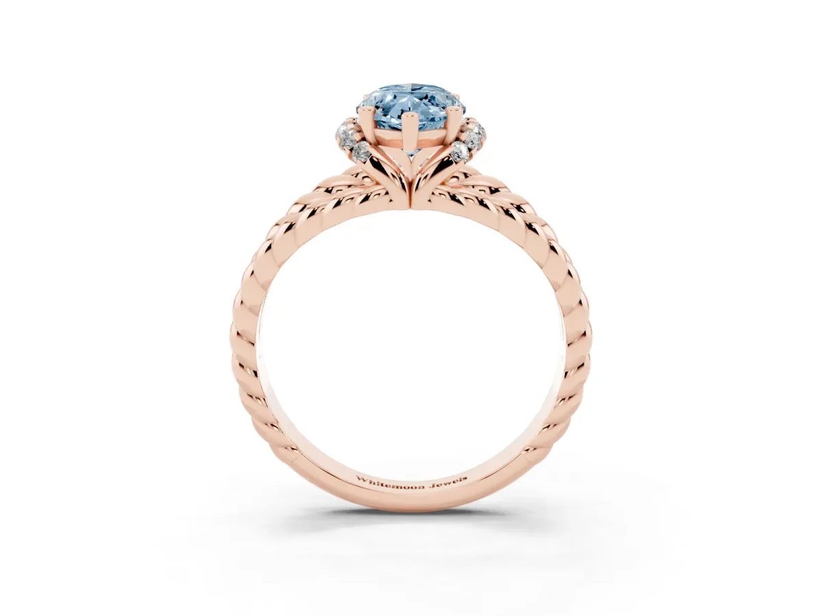 Fancy Blue Marquise Cut Halo Twisted Band Four-Prong Ring Rose gold