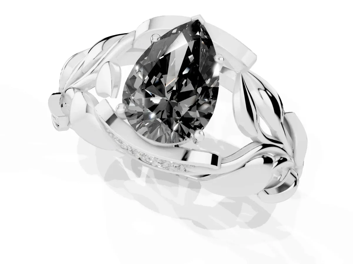 Fancy Black Pear Cut Diamond Leaf-Inspired Engagement Ring with Round Accents and Prong Setting Silver