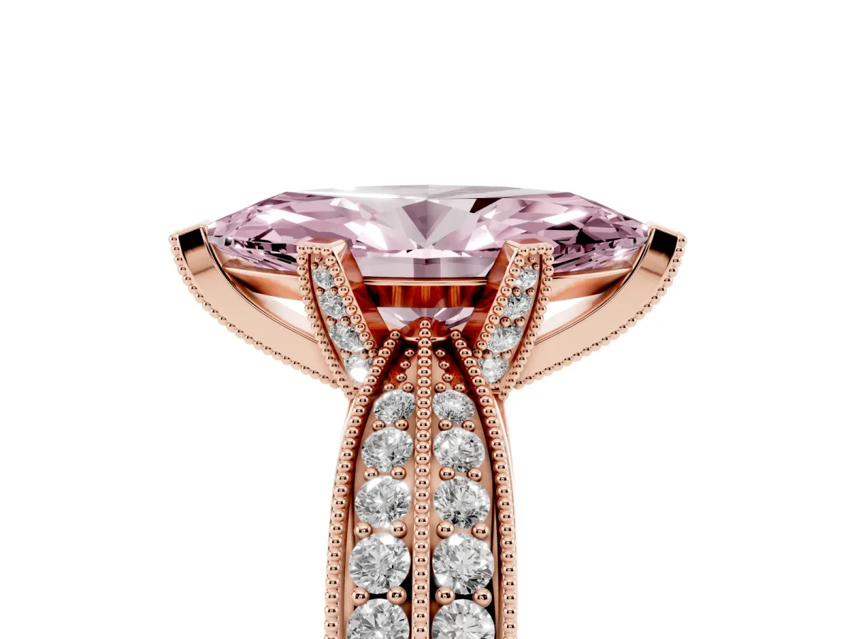 Fancy Pink Marquise Cut Diamond Solitaire Ring with Milgrain Round Pavé Band and Prong Setting Rose gold