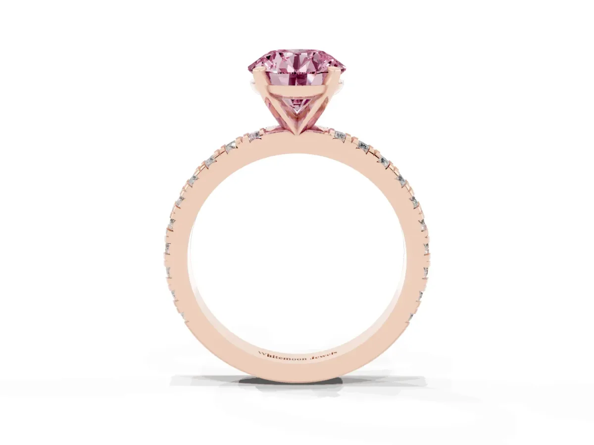 Fancy Pink Round Cut Diamond Pavé Band Solitaire with Four-Prong Setting Rose gold