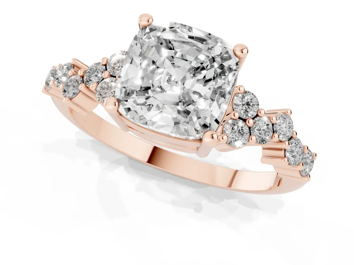 Cushion Cut Diamond Scattered Round Accent Ring with Prong Setting Rose gold