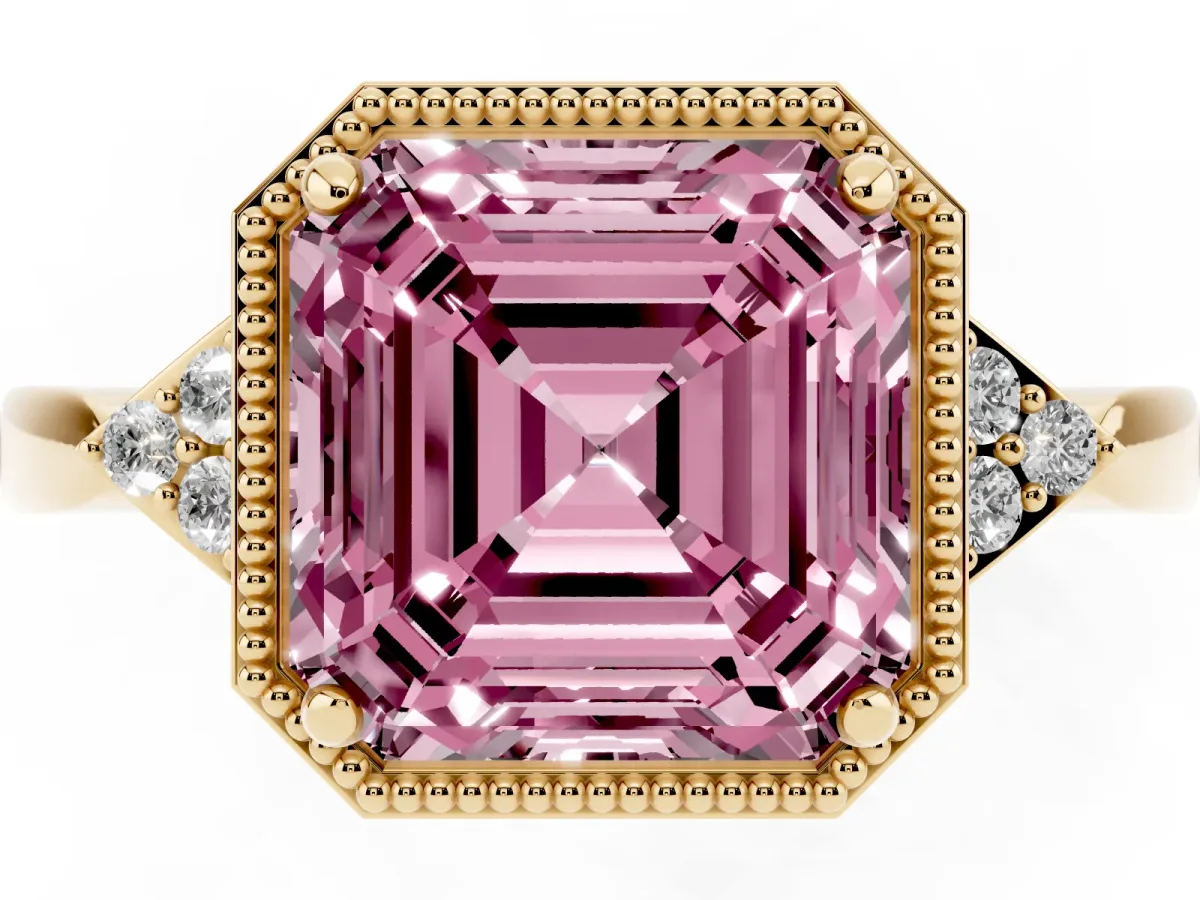 Fancy Pink Asscher Cut Diamond Halo Ring with Tapered Band and Four-Prong Setting Yellow gold