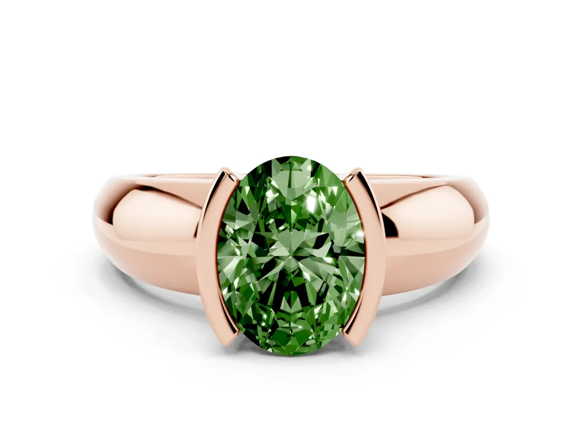 Fancy Green Oval Cut Solitaire Tension Set Diamond Ring with Wide Band Rose gold
