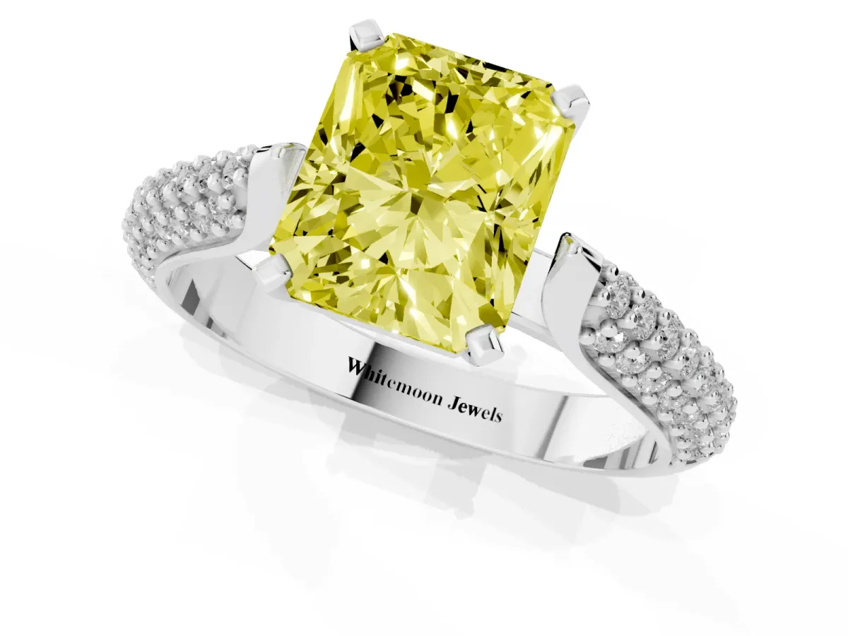 Fancy Yellow Radiant Cut Diamond Solitaire Engagement Ring with Multi-Row Round Pavé Band and Prong Setting Silver