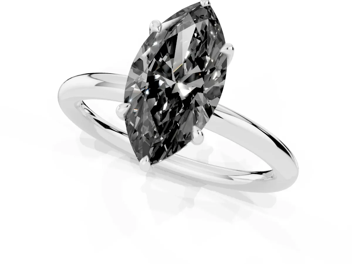 Fancy Black Marquise Cut Diamond Solitaire Ring with Thin Band and Four-Prong Setting Silver