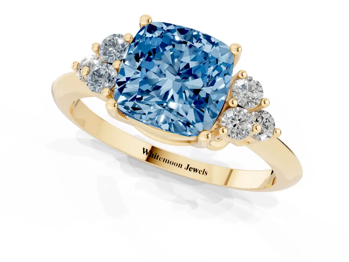 Fancy Blue Cushion Cut Cut Diamond Cluster Ring with Solitaire Band and Four-Prong Setting Yellow gold