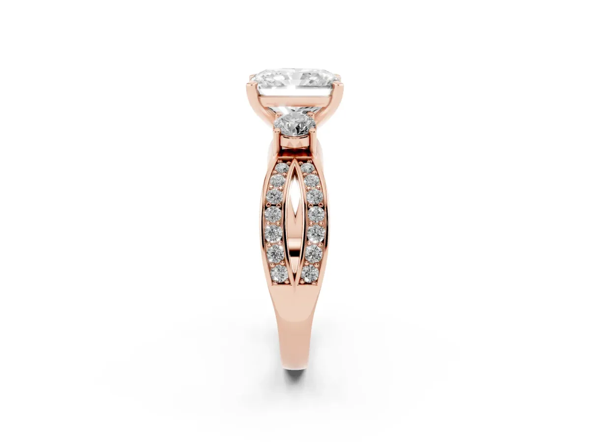 Three-Stone Radiant Cut Cut Diamond Twist Band with Prong Setting Rose gold
