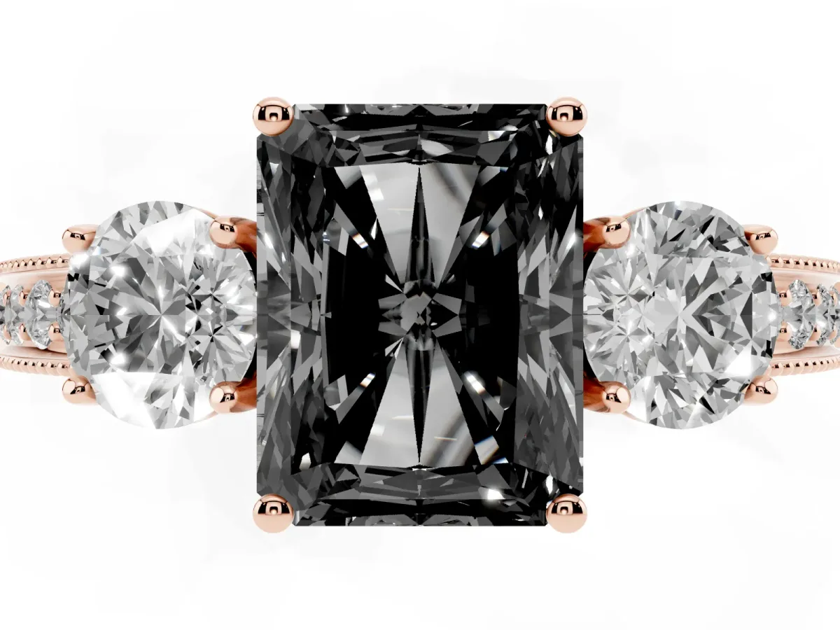 Fancy Black Radiant Cut Three-Stone Diamond Ring with Pavé Band and Four-Prong Setting Rose gold