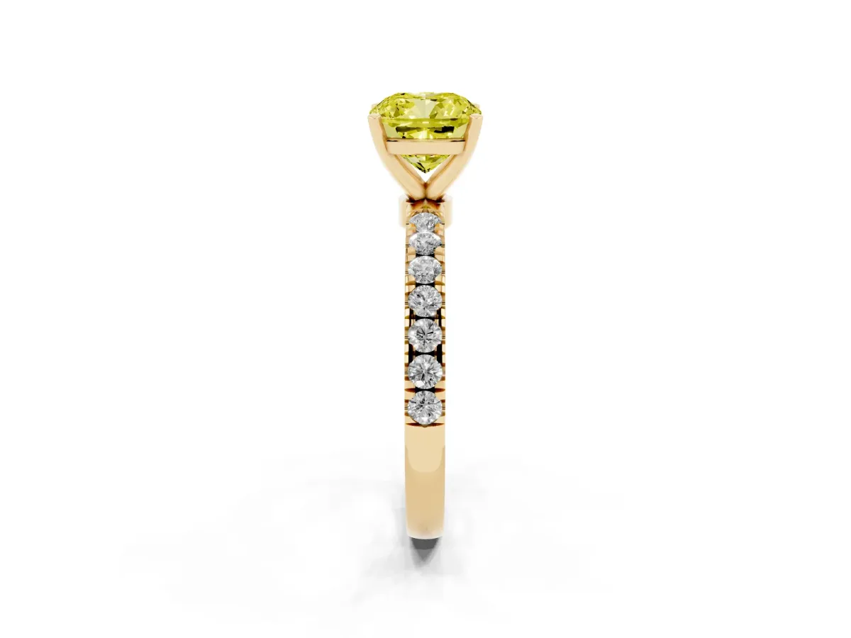 Fancy Yellow Cushion Cut Diamond Solitaire Ring with Pavé Accents and Four-Prong Setting Yellow gold
