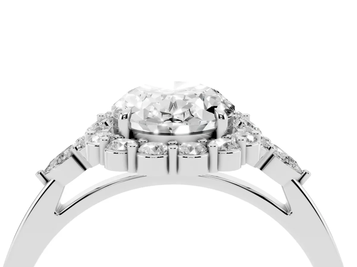 Oval Cut Diamond Halo Ring with Pear Side Stones and Prong Setting Silver