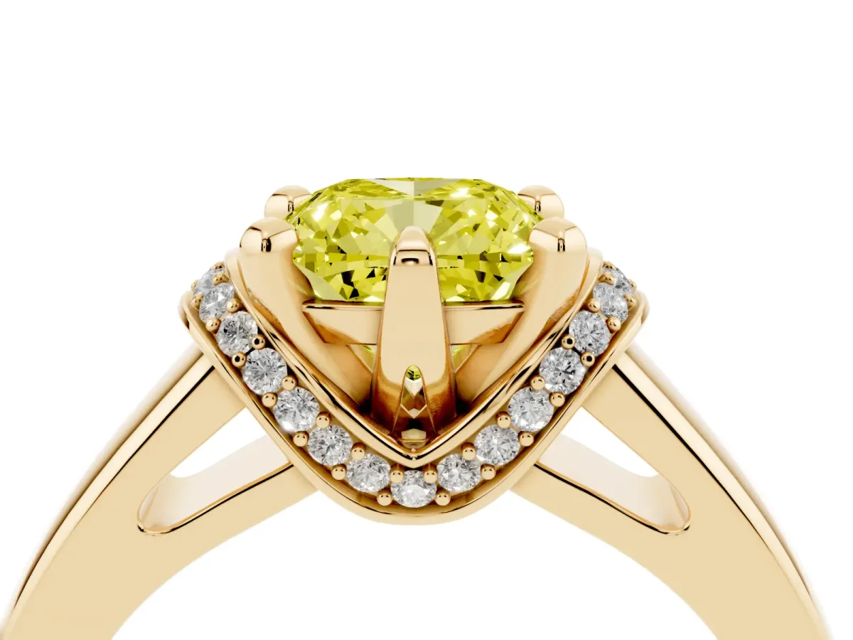 Fancy Yellow Cushion Cut Solitaire Diamond Ring with Pave Band and Six-Prong Setting Yellow gold