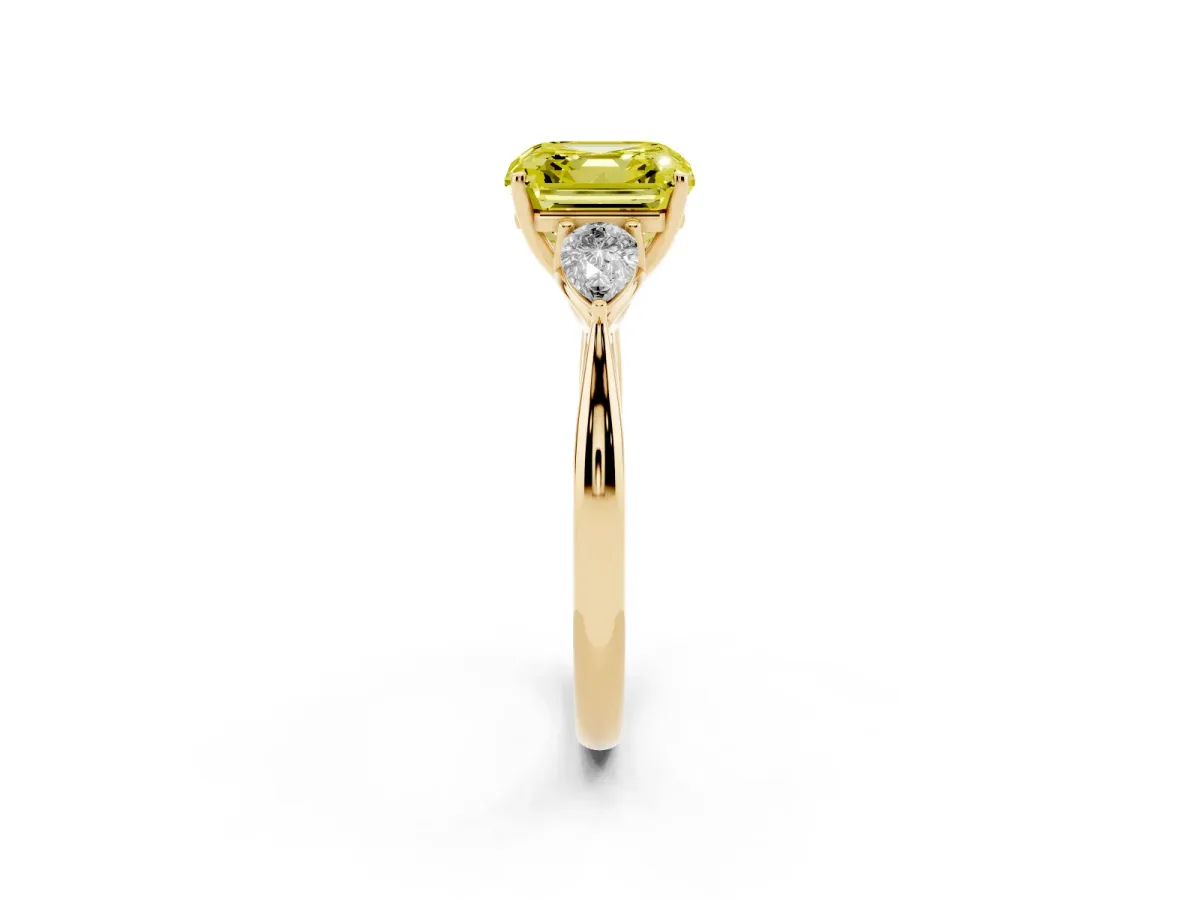Fancy Yellow Three-Stone Asscher Cut Brilliant Diamond Solitaire Ring with Tapered Band and Four-Prong Setting Yellow gold