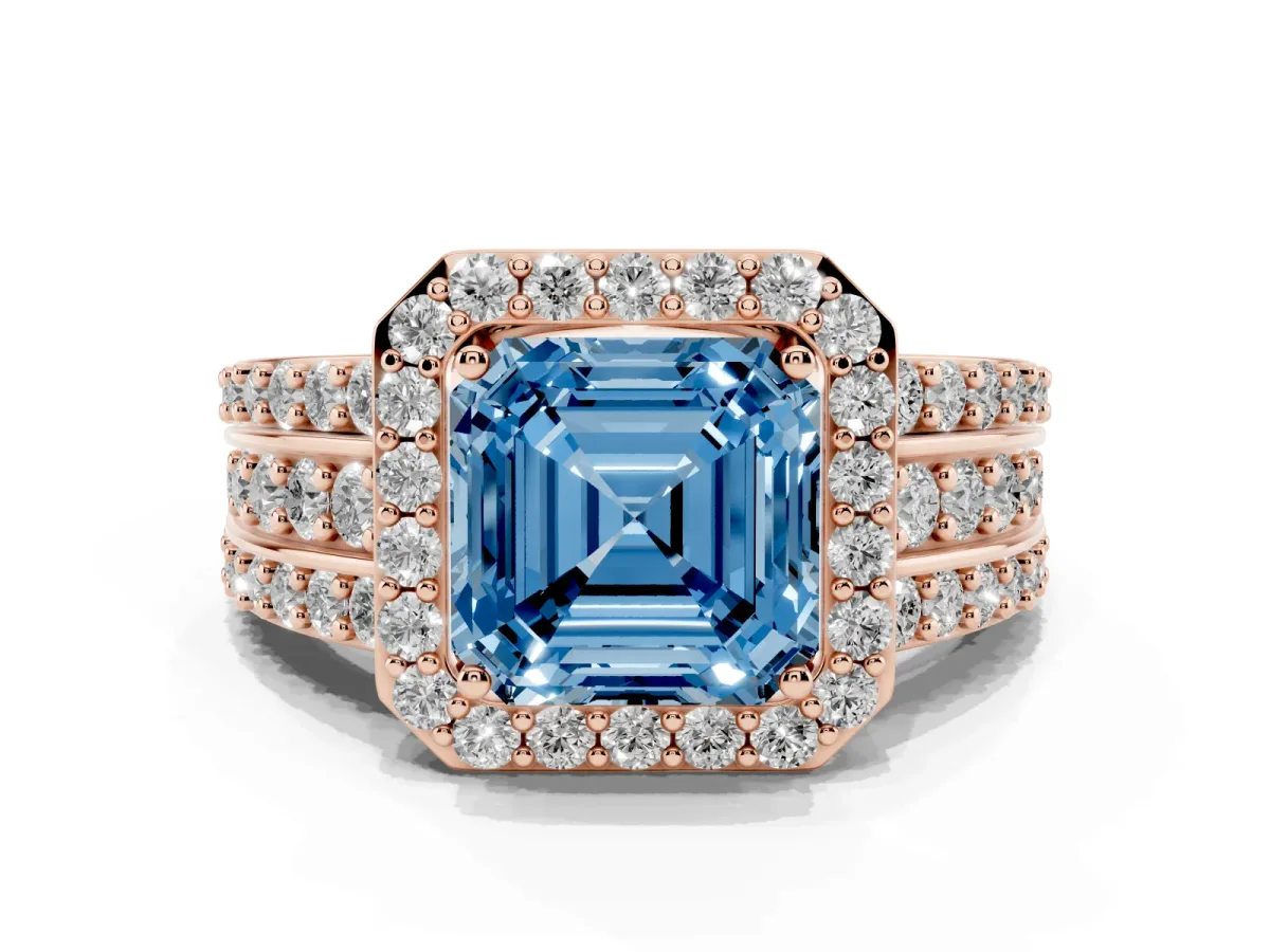 Fancy Blue Asscher Cut Halo Diamond Ring with Round Split Shank and Prong Setting Rose gold
