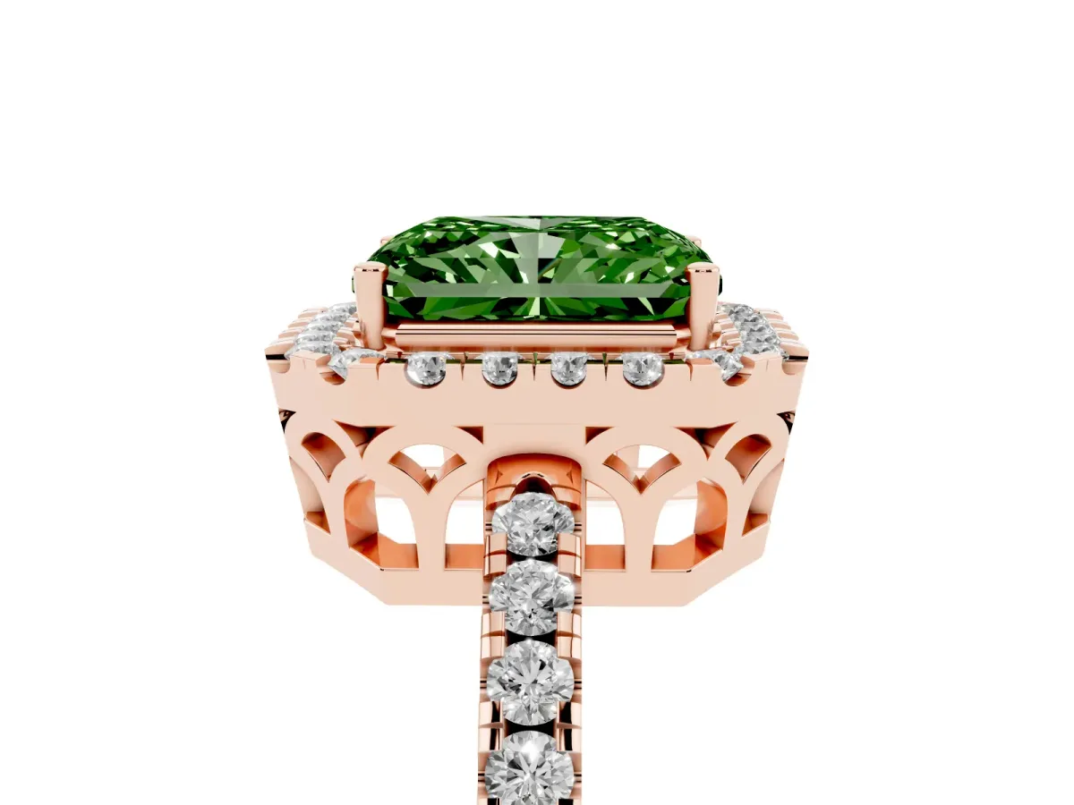 Fancy Green Radiant Cut Halo Diamond Engagement Ring with Pavé Band and Four-Prong Setting Rose gold