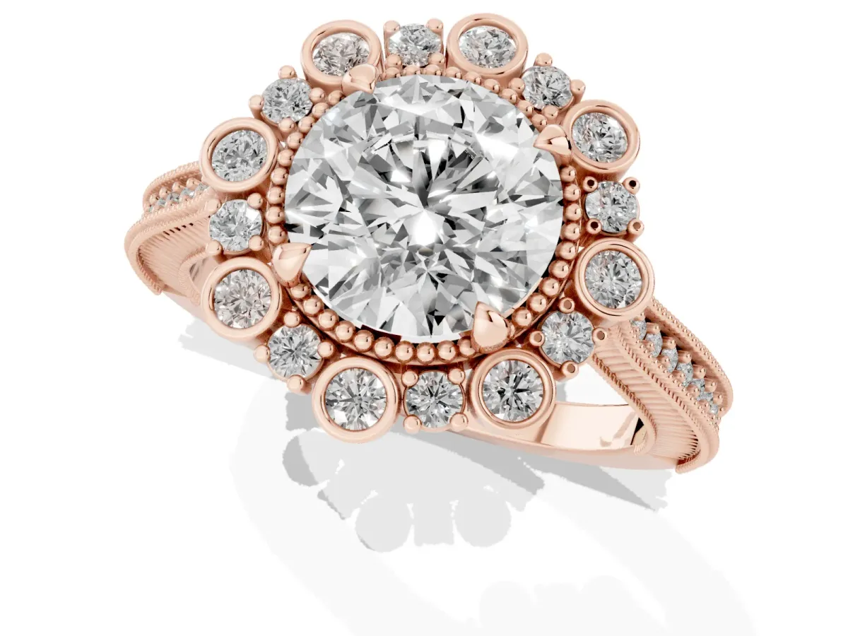 Round Cut Halo Milgrain Pave Diamond Ring with Four-Prong Setting Rose gold