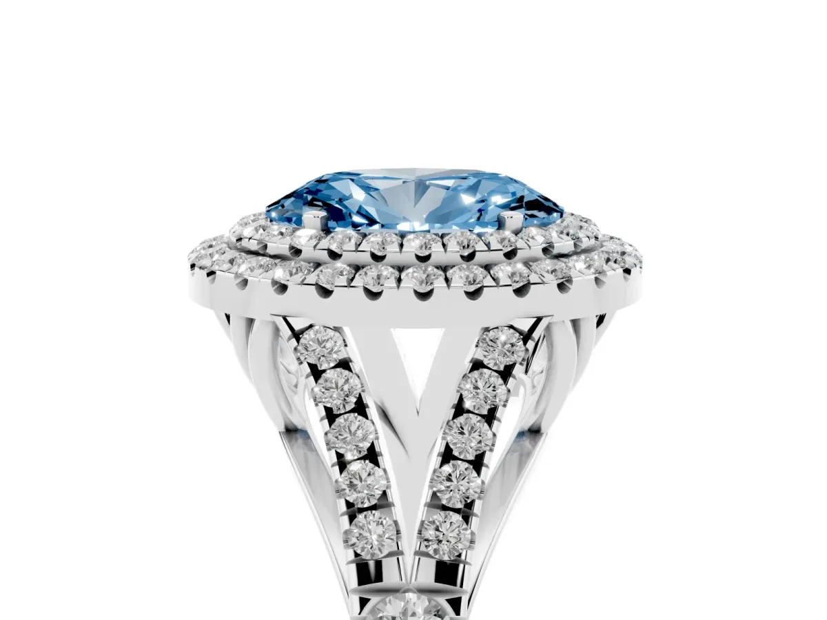 Fancy Blue Oval Cut Cut Double Halo Split Shank Diamond Ring with Prong Setting Silver