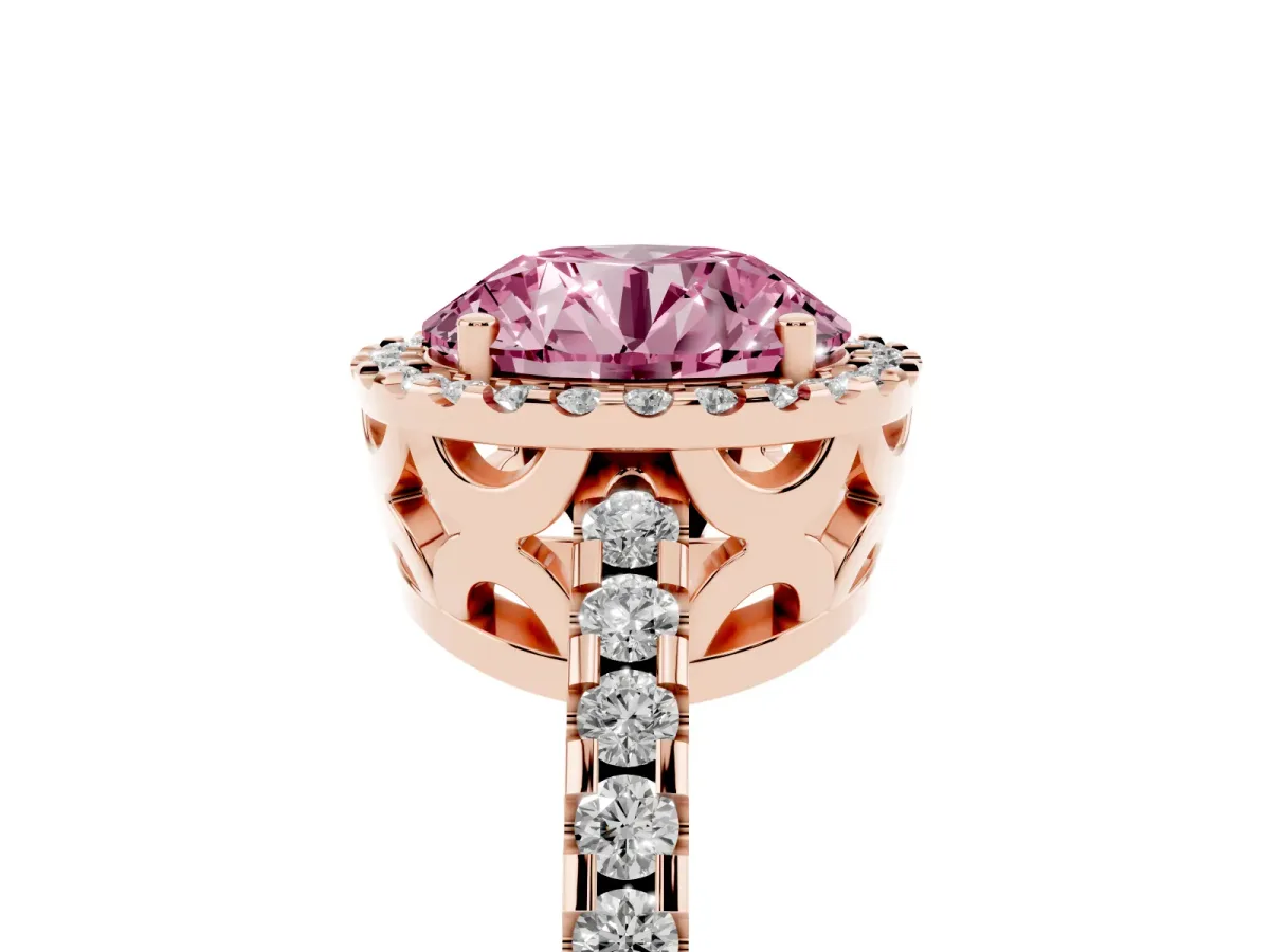 Fancy Pink Round Cut Diamond Halo Engagement Ring with Pavé Band and Prong Setting Rose gold