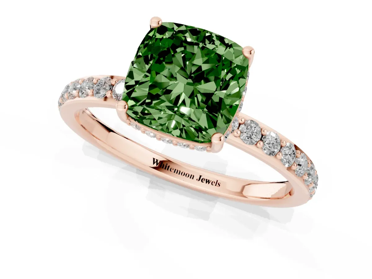 Fancy Green Cushion Cut Diamond Solitaire Ring with Pavé Band and Hidden Halo Rose gold