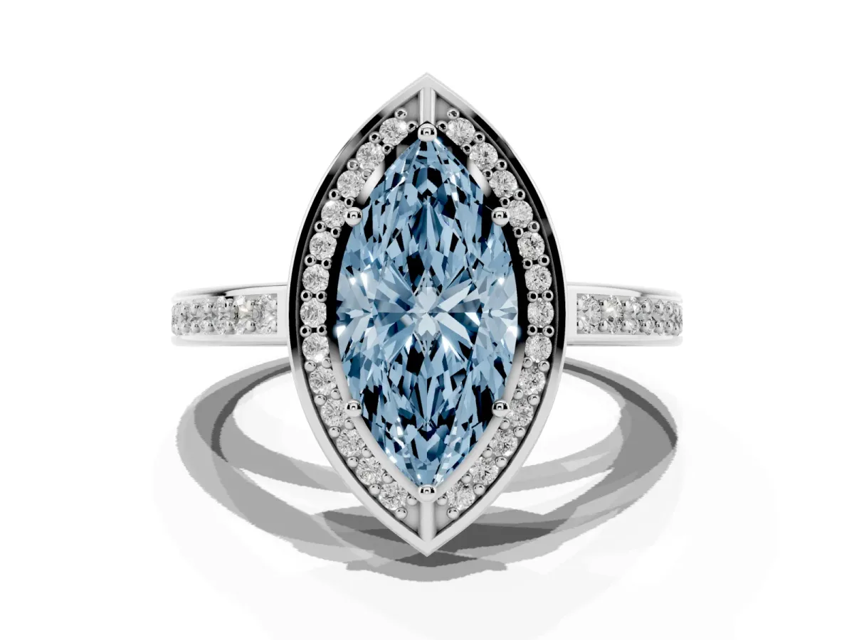 Fancy Blue Marquise Cut Cut Halo Pave Split Shank Prong Setting Ring Silver