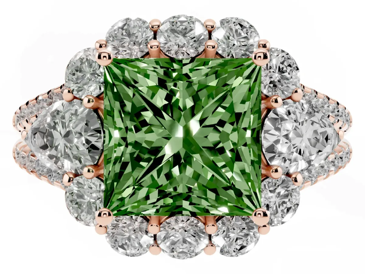 Fancy Green Princess Cut Halo Split Shank Diamond Engagement Ring with Prong Setting Rose gold