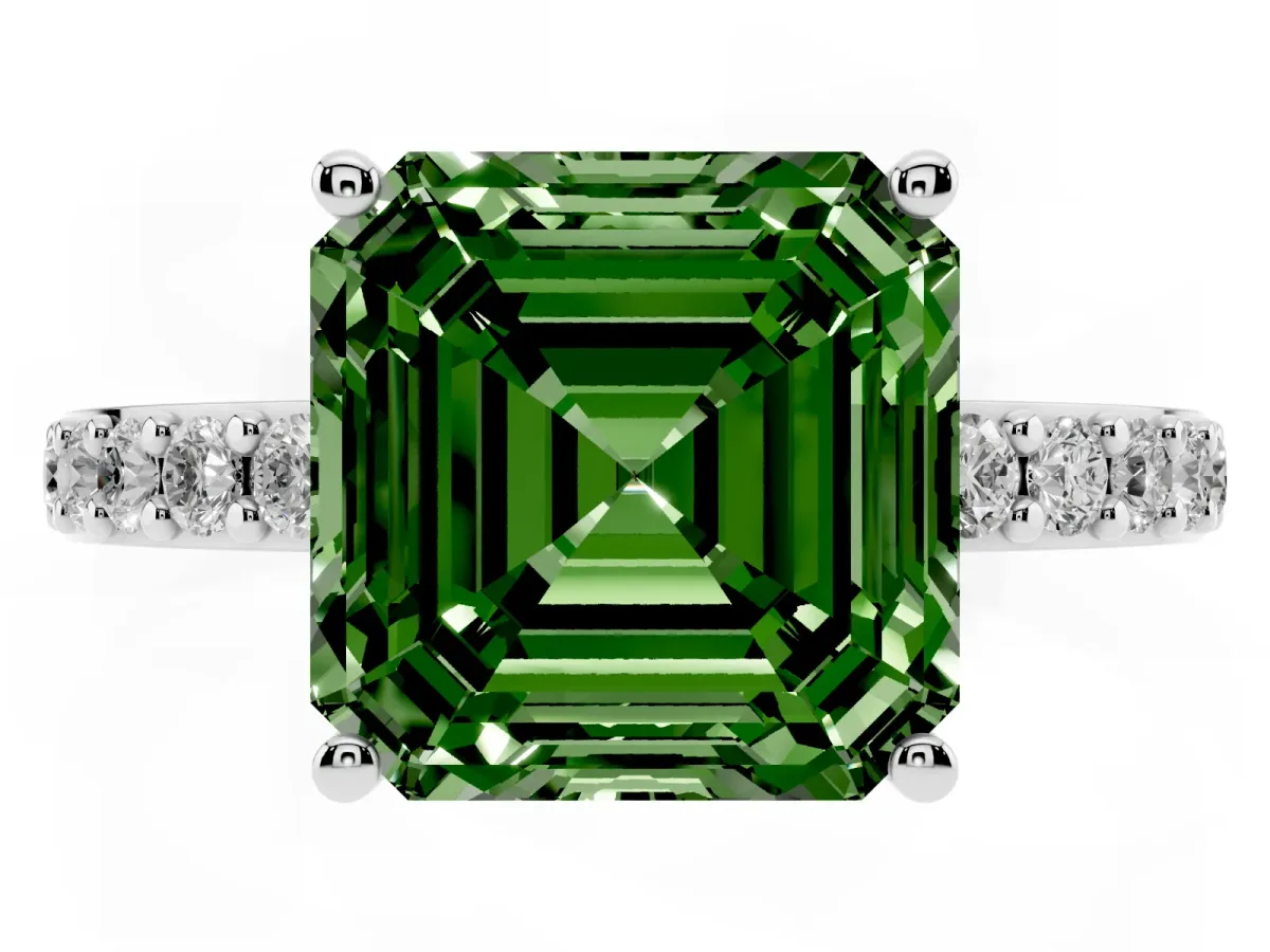 Fancy Green Asscher Cut Cut Diamond Solitaire with Pave Band and Four-Prong Setting Silver