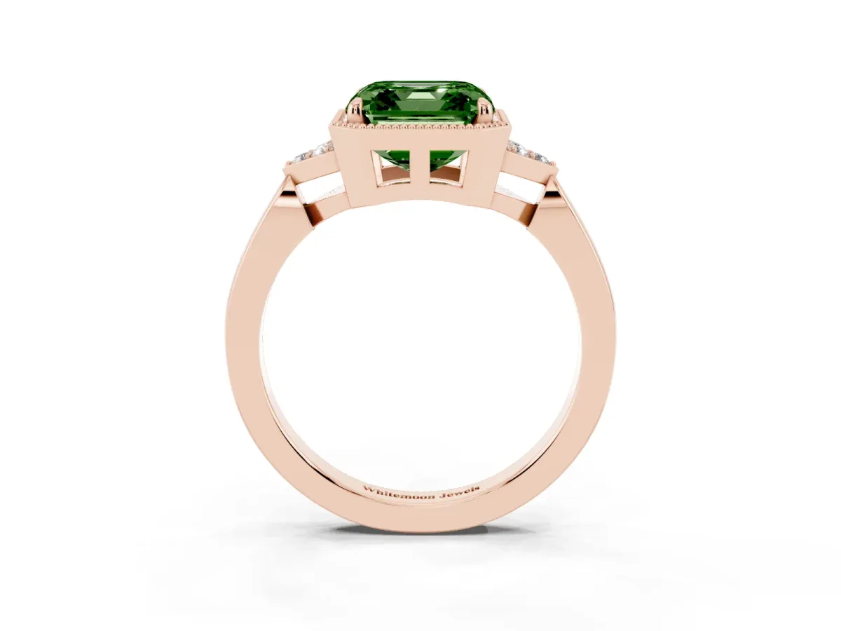 Fancy Green Asscher Cut Diamond Halo Ring with Tapered Band and Four-Prong Setting Rose gold
