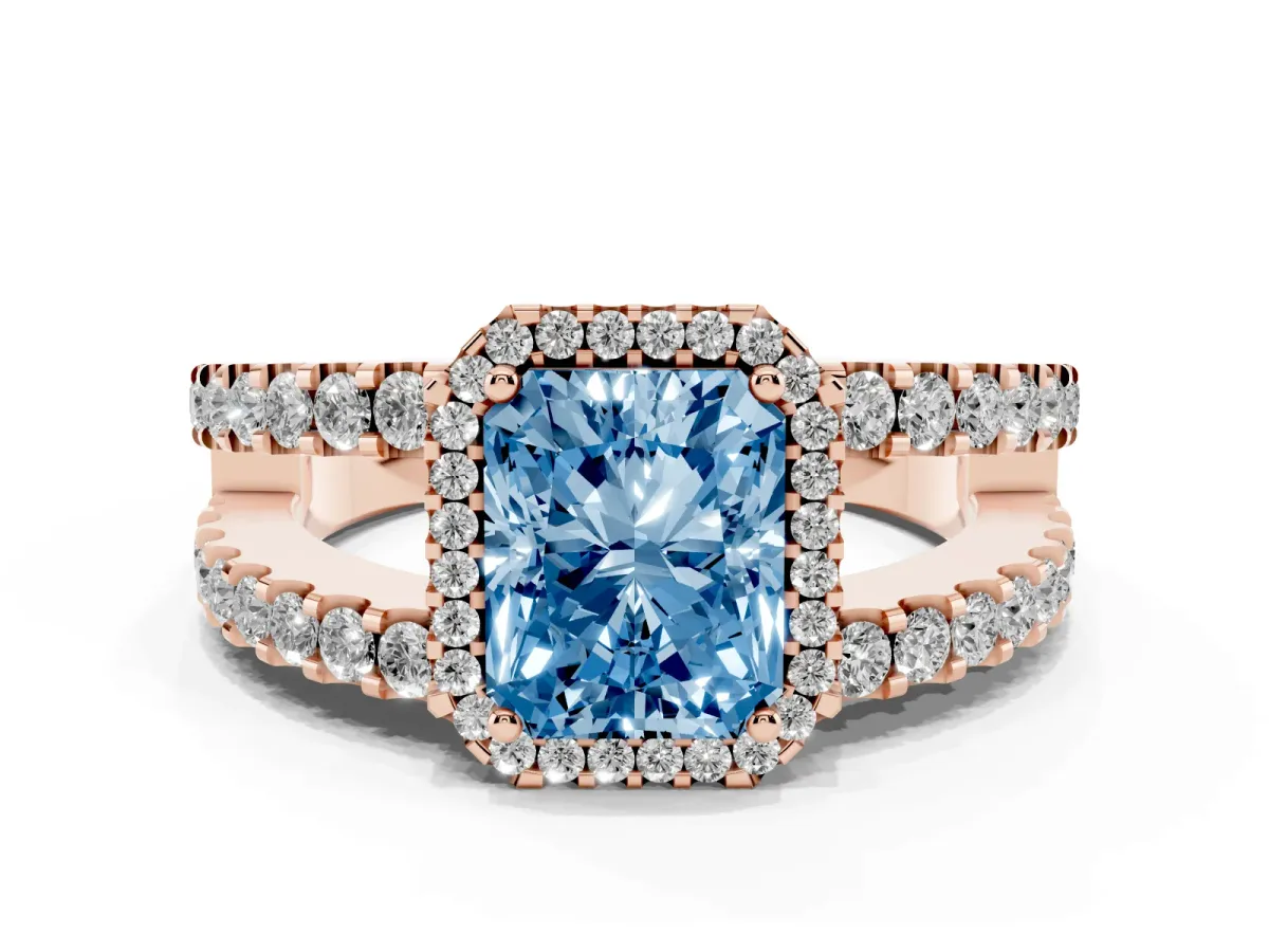 Fancy Blue Radiant Cut Cut Halo Split Shank Diamond Ring with Four-Prong Setting Rose gold