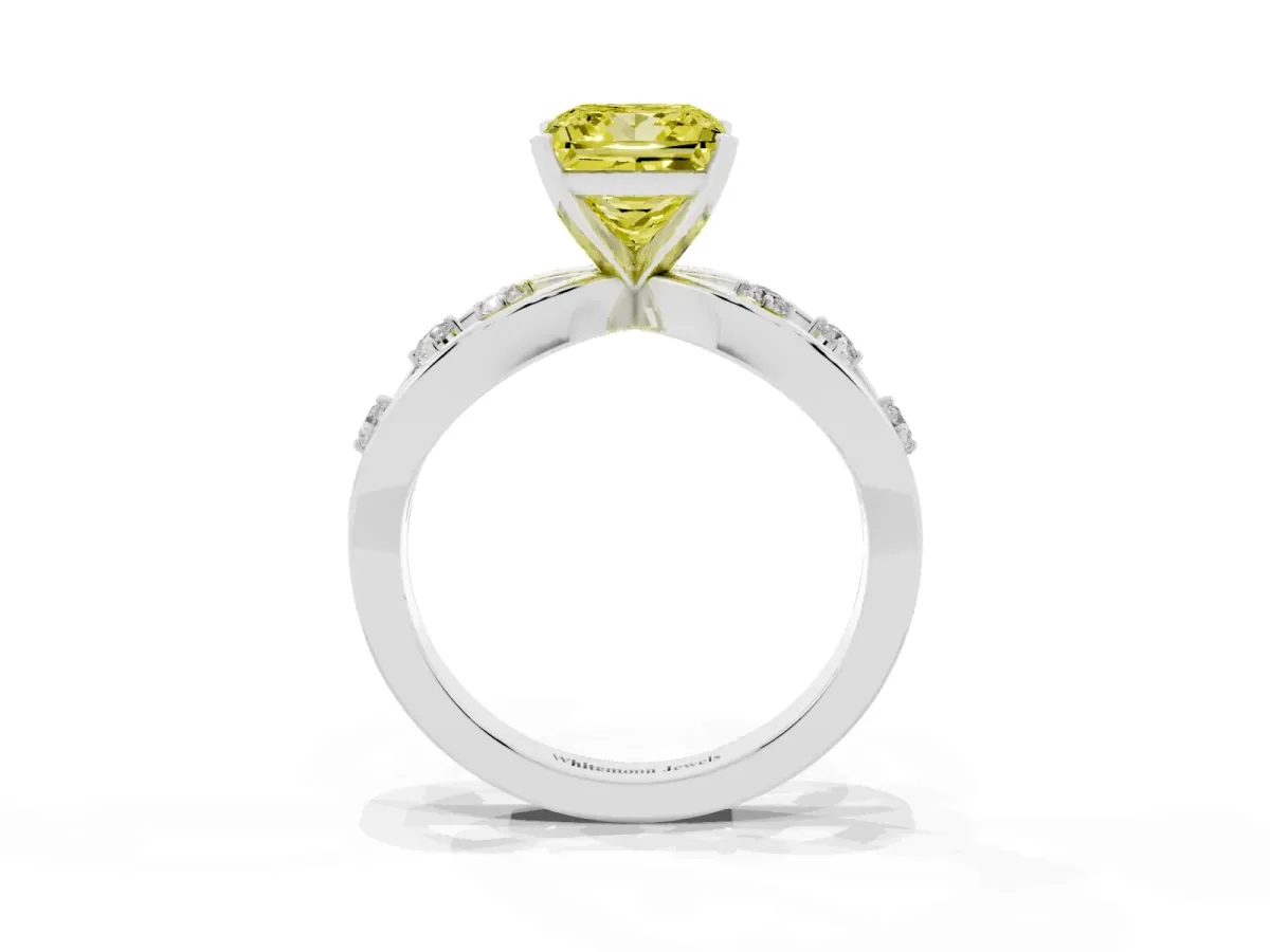 Fancy Yellow Princess Cut Cut Solitaire Diamond with Side Stones on Criss-Cross Band and Four-Prong Setting Silver
