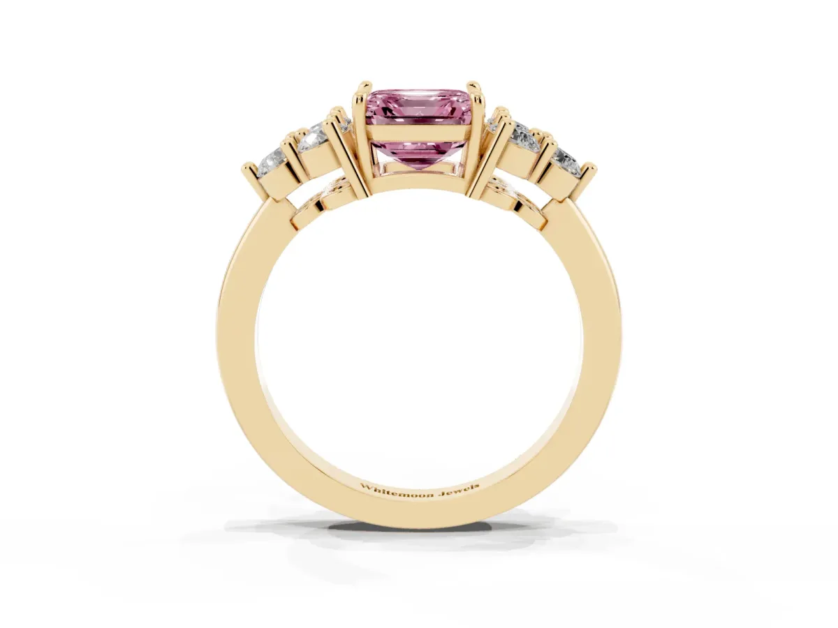 Fancy Pink Asscher Cut Brilliant Diamond Cluster Accent Solitaire Ring with Prong Setting Yellow gold