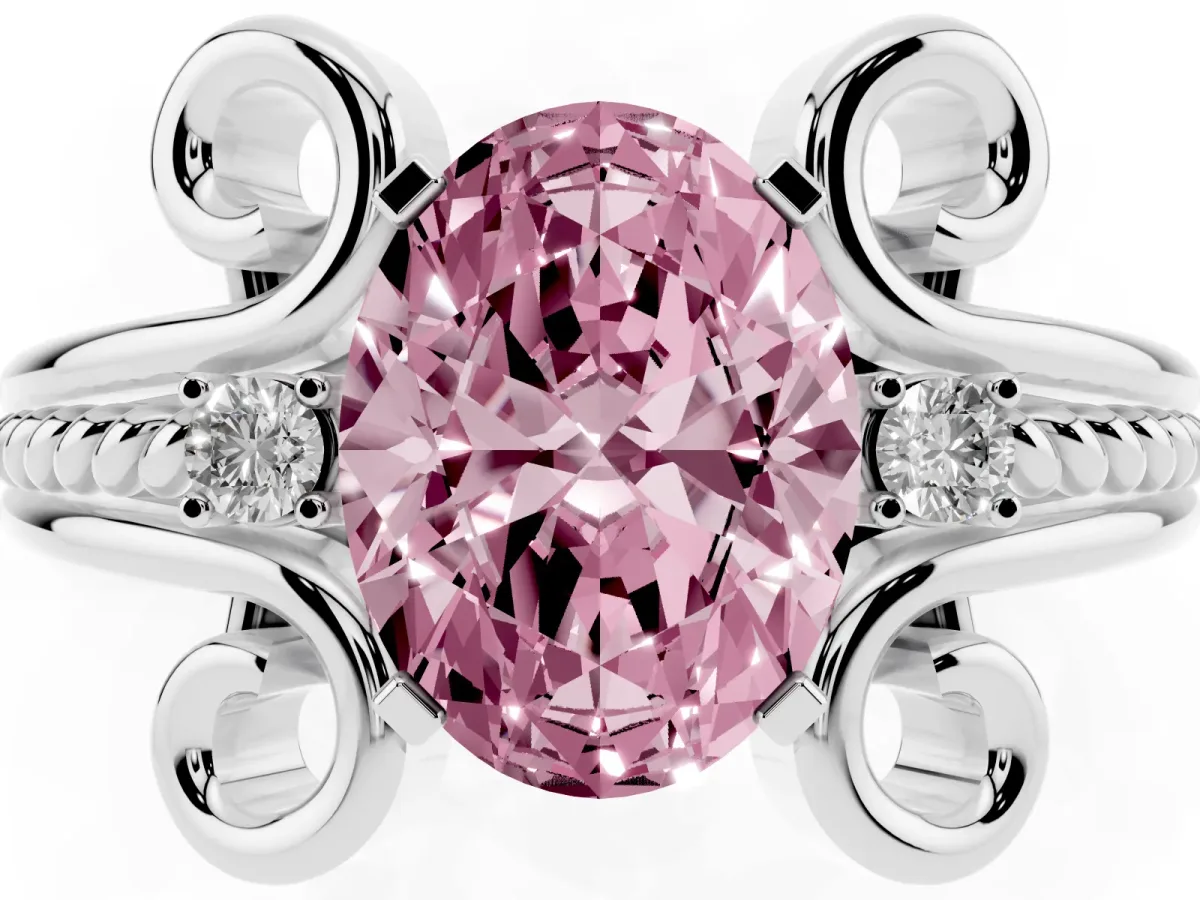 Fancy Pink Oval Cut Solitaire Twisted Band Scroll Prong Ring White gold