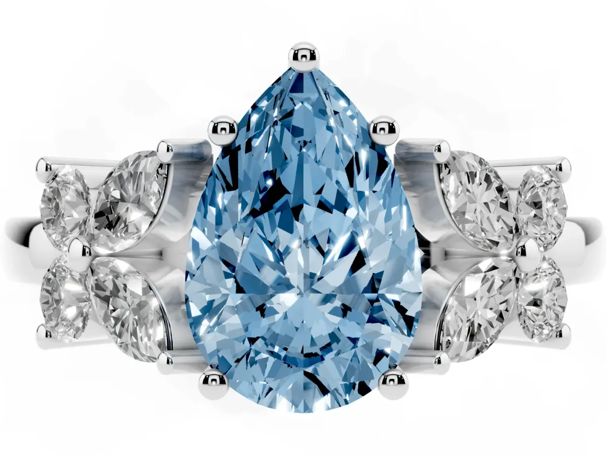 Fancy Blue Pear Cut Diamond Floral Cluster Ring with Solitaire Band and Prong Setting Silver