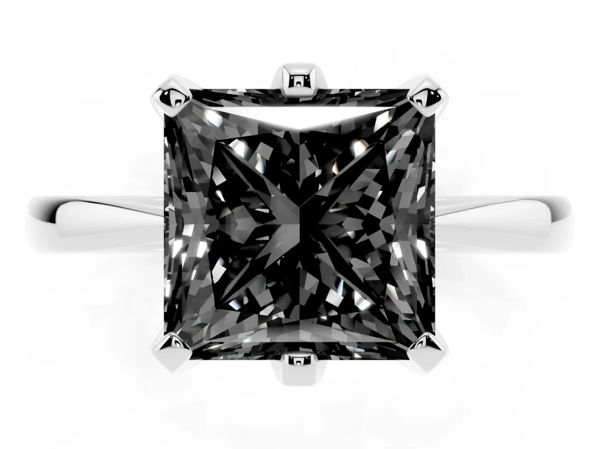 Fancy Black Princess Cut Solitaire Engagement Ring with Six-Prong Setting and Tapered Band Platinum