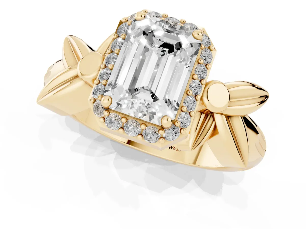 Emerald Cut Halo Diamond Floral Band with Four-Prong Setting Yellow gold