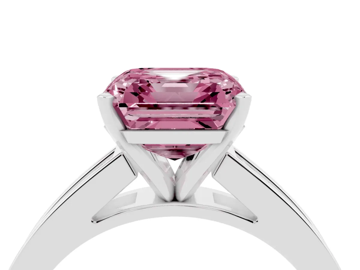 Fancy Pink Asscher Cut Solitaire Diamond Ring with Channel-Set Band and Four-Prong Setting Platinum