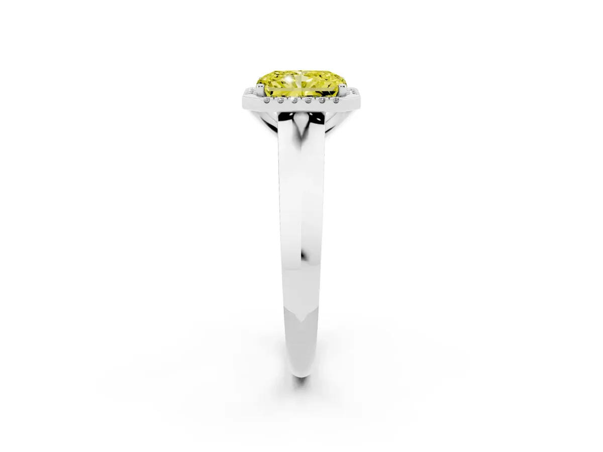 Fancy Yellow Radiant Cut Halo Diamond Ring with Cathedral Band and Four-Prong Setting White gold