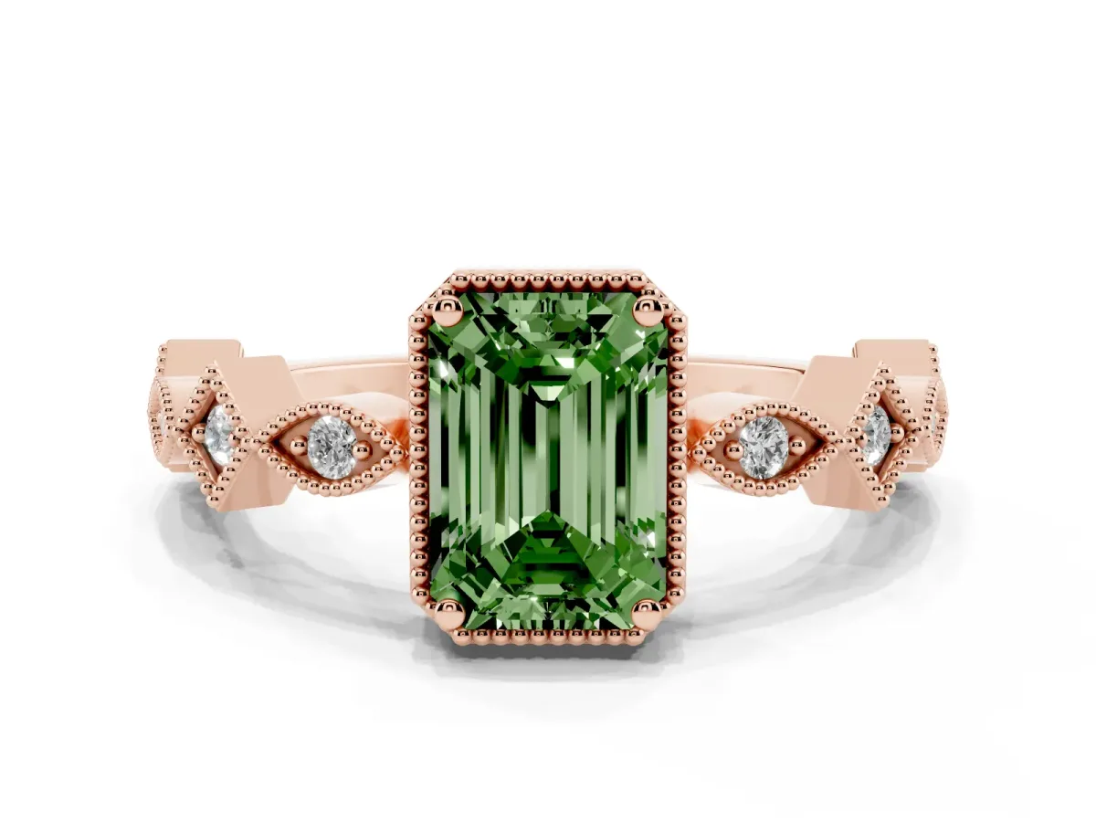 Fancy Green Emerald Cut Milgrain Marquise Diamond Twist Band Ring Rose gold