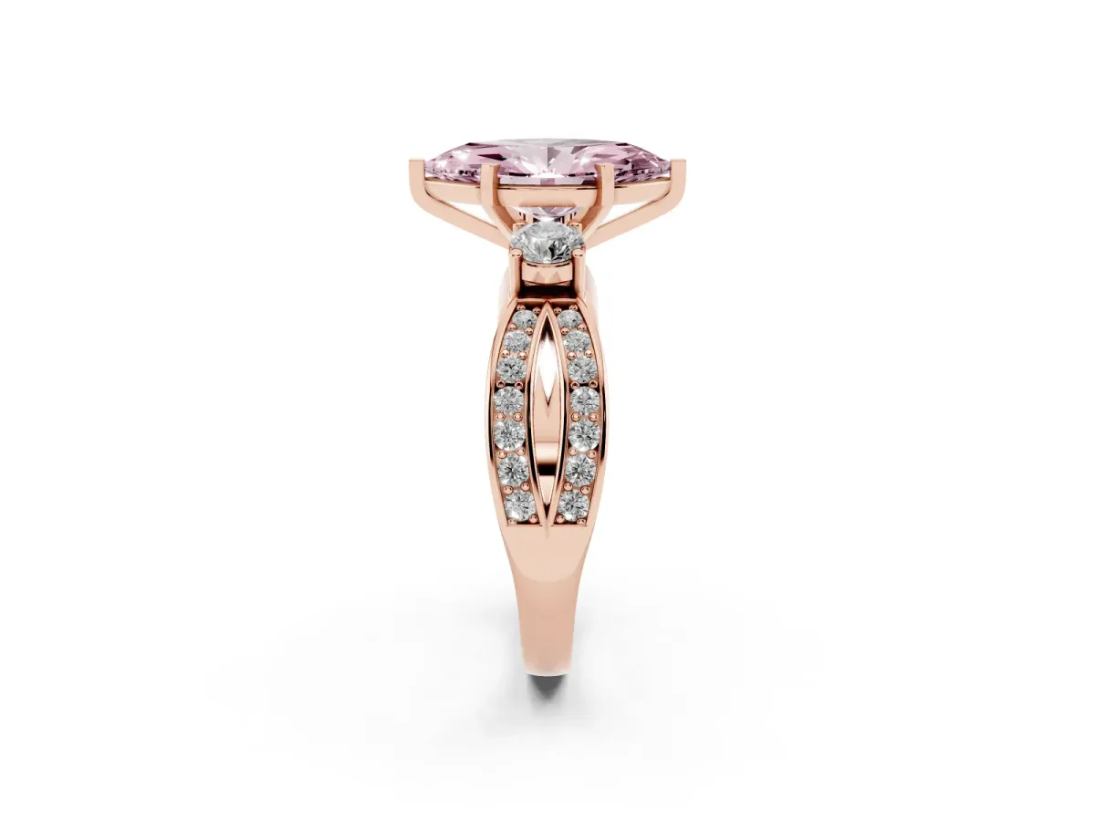 Fancy Pink Three-Stone Marquise Cut Cut Diamond Twist Band with Prong Setting Rose gold