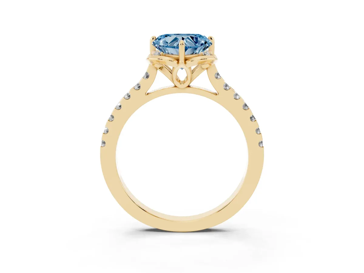 Fancy Blue Heart Cut Diamond Ring with Pavé Band and Floral Prong Setting Yellow gold