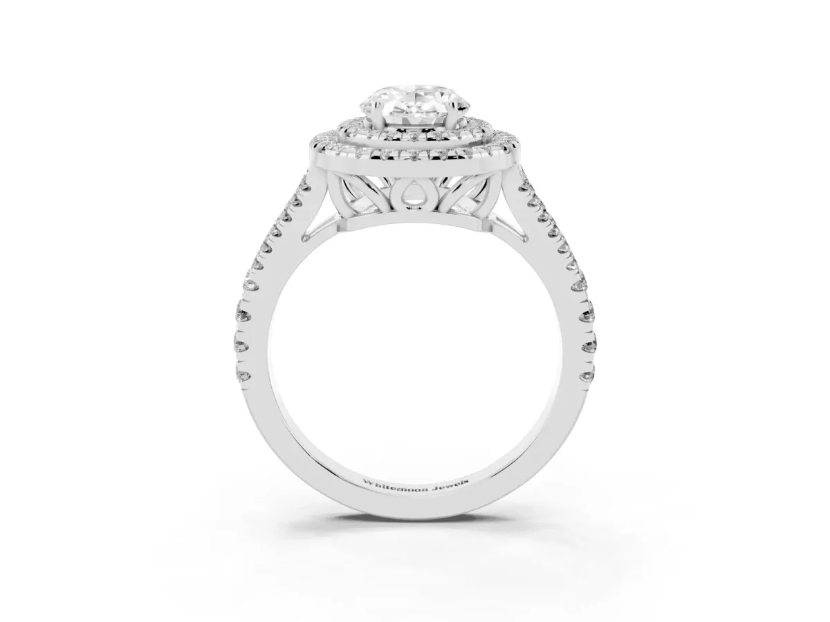 Oval Cut Diamond Double Halo Ring with Pavé Band and Prong Setting Silver