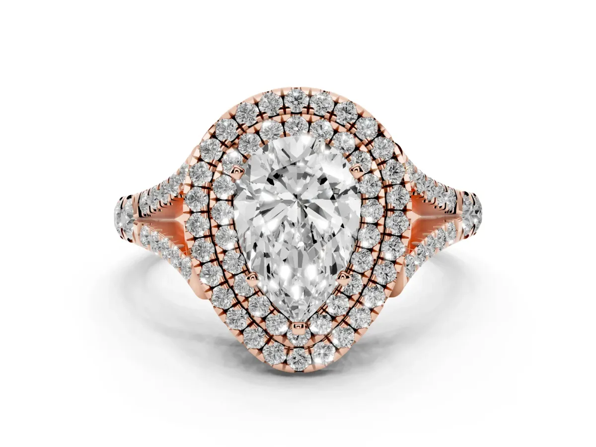 Pear Cut Diamond Double Halo Ring with Split Shank and Prong Setting Rose gold