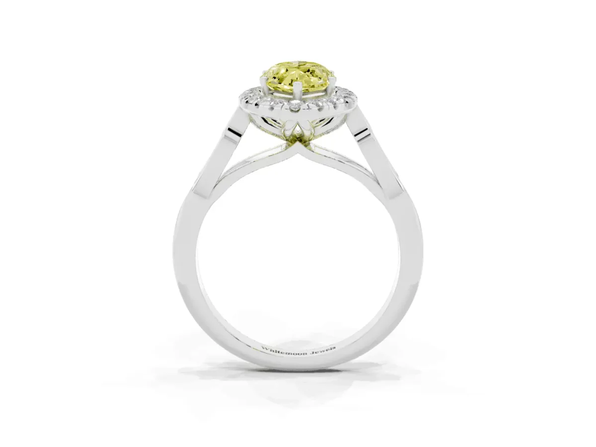 Fancy Yellow Marquise Cut Halo Diamond Engagement Ring with Filigree Band and Four-Prong Setting Platinum