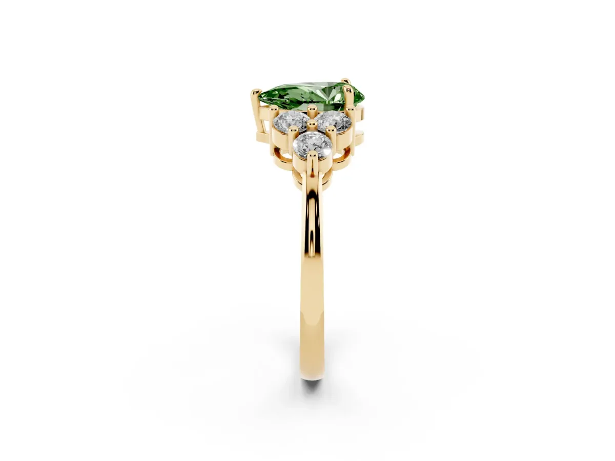 Fancy Green Pear Cut Brilliant Diamond Cluster Accent Solitaire Ring with Prong Setting Yellow gold