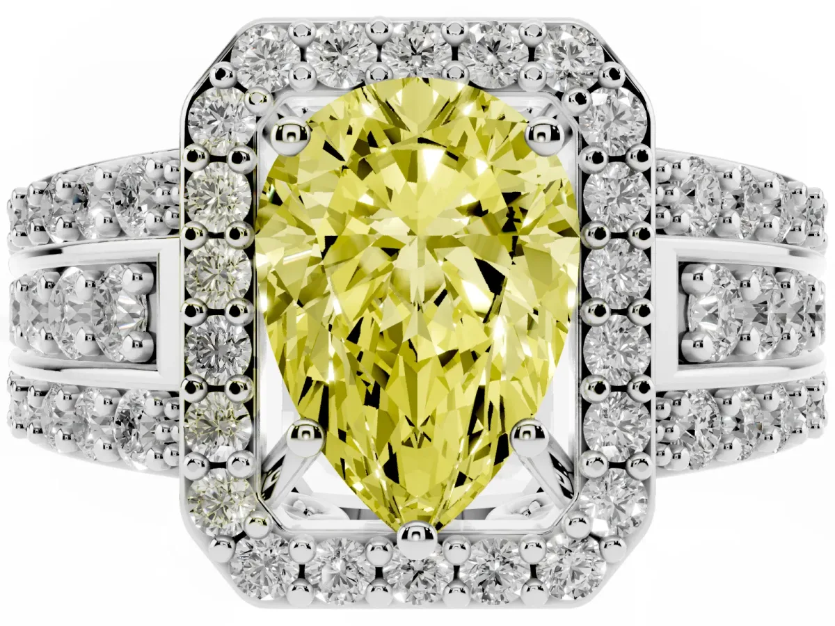 Fancy Yellow Pear Cut Halo Diamond Ring with Round Split Shank and Prong Setting Silver