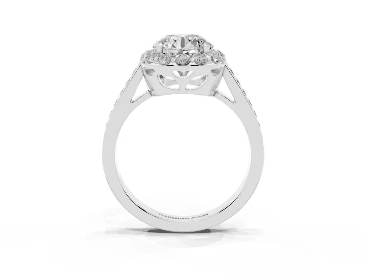 Round Cut Diamond Floral Halo Ring with Pavé Band and Prong Setting White gold