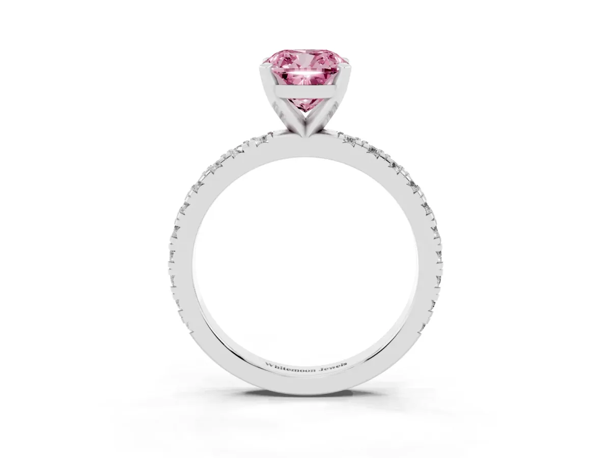 Fancy Pink Cushion Cut Diamond Pavé Band Solitaire with Four-Prong Setting Silver