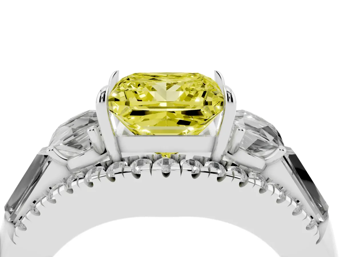 Fancy Yellow Three-Stone Princess Cut Diamond Engagement Ring with Pave Band and Prong Setting Silver