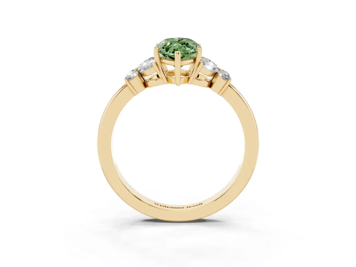 Fancy Green Marquise Cut Cut Solitaire Floral Diamond Ring with Four-Prong Setting Yellow gold