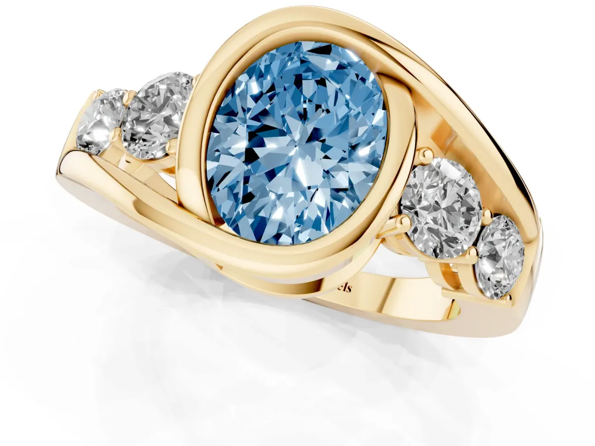 Fancy Blue Bezel Set Oval Cut Diamond Bypass Ring with Round Accents Yellow gold